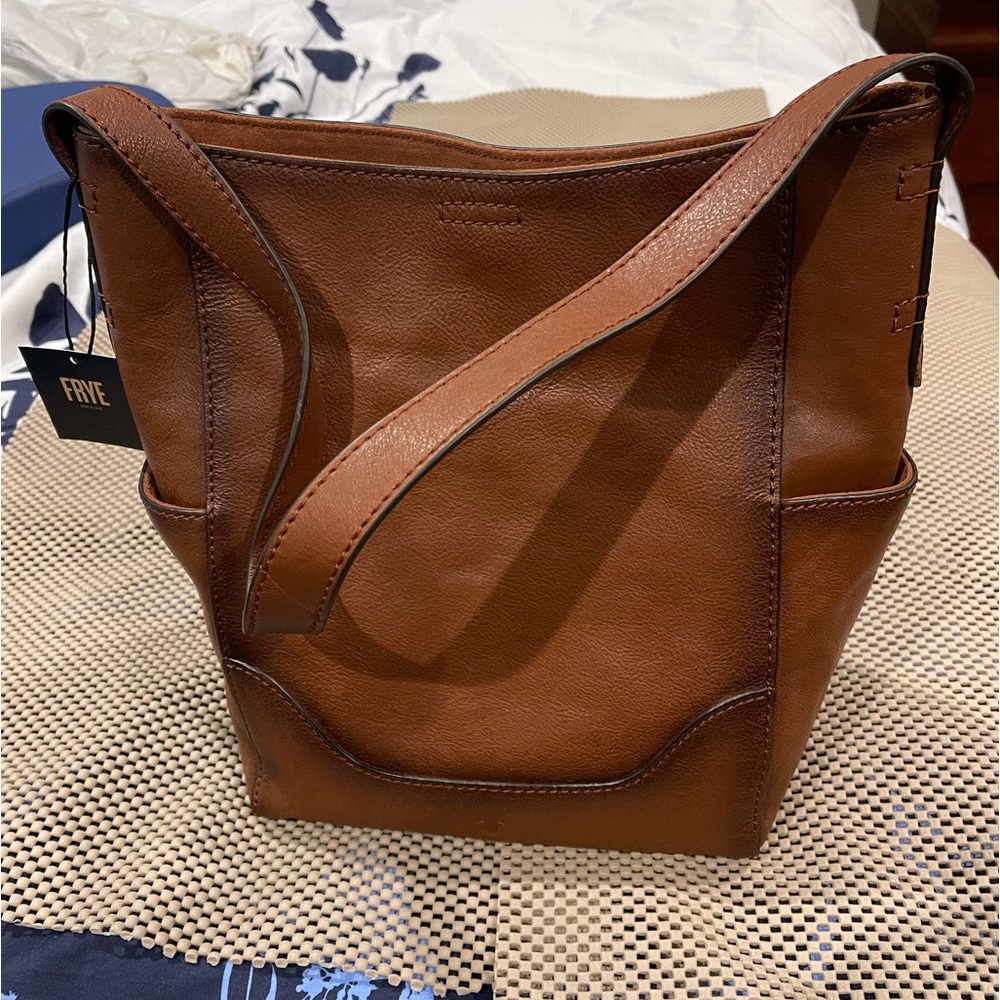 FRYE Cognac Leather Side Pocket Hobo Shoulder Bag NEW with Tag